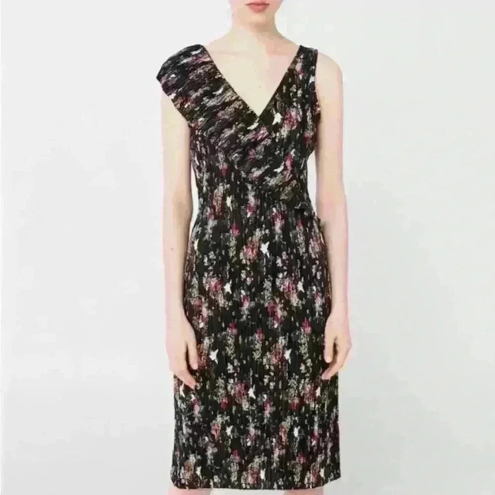 NWT! Mango V-Neck Pleated Dress with Satin Finish